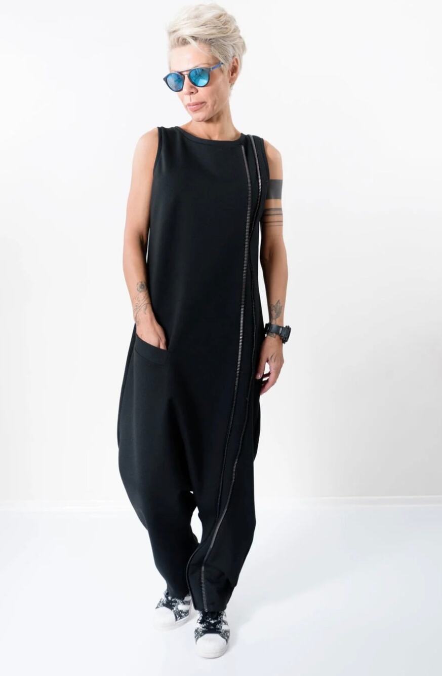 Locker Room Black Harem Jumpsuit w Pocket Thick Zipper Front Back Women’s Size M